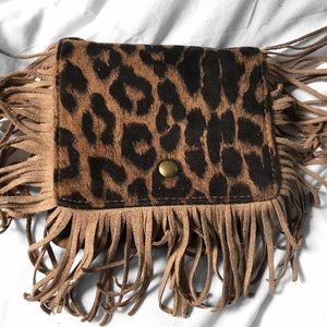 Leopard Vegan Suede Mini Shoulder Clutch Purse Crossbody Fringe